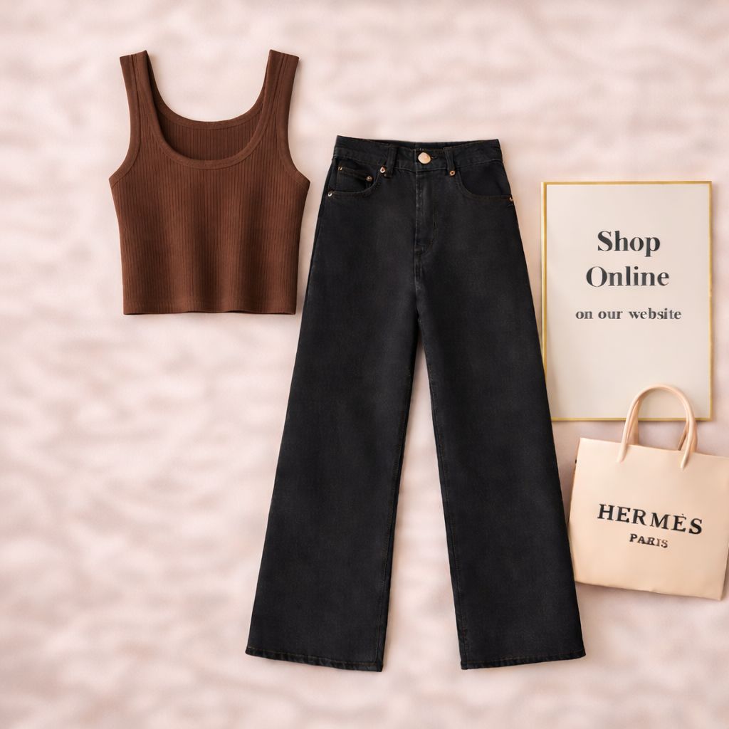 BROWN TANKTOP WITH BLACK WIDE LEG JEANS