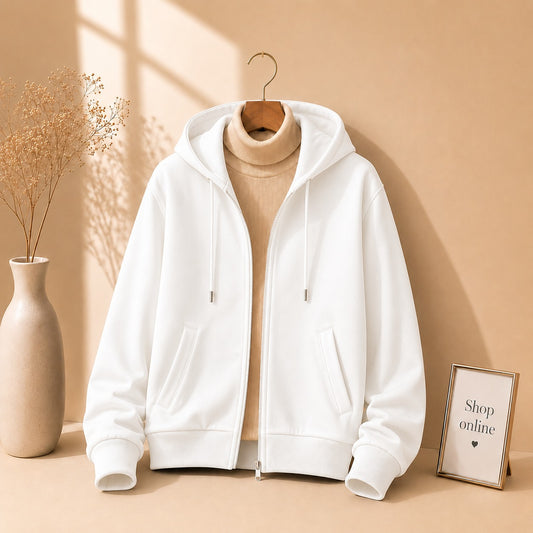 WHITE ZIPPER HOODIE WITH BIEGE HINECK