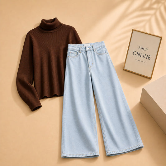 BROWN HIGH NECK WITH ICE BLUE WIDE LEG JEANS