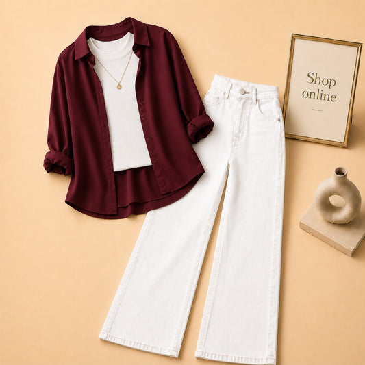 MAROON BUTTON SHIRT WITH WHITE TANKTOP AND WHITE WIDE LEG JEANS (3PCS)