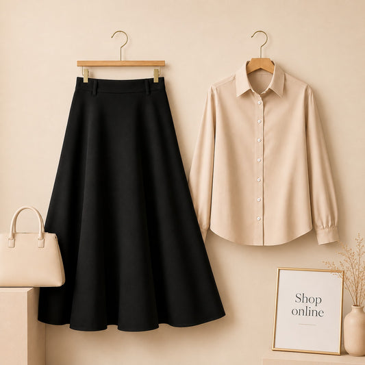 BEIGE BUTTON DOWN WITH BLACK SKIRT (Twill)