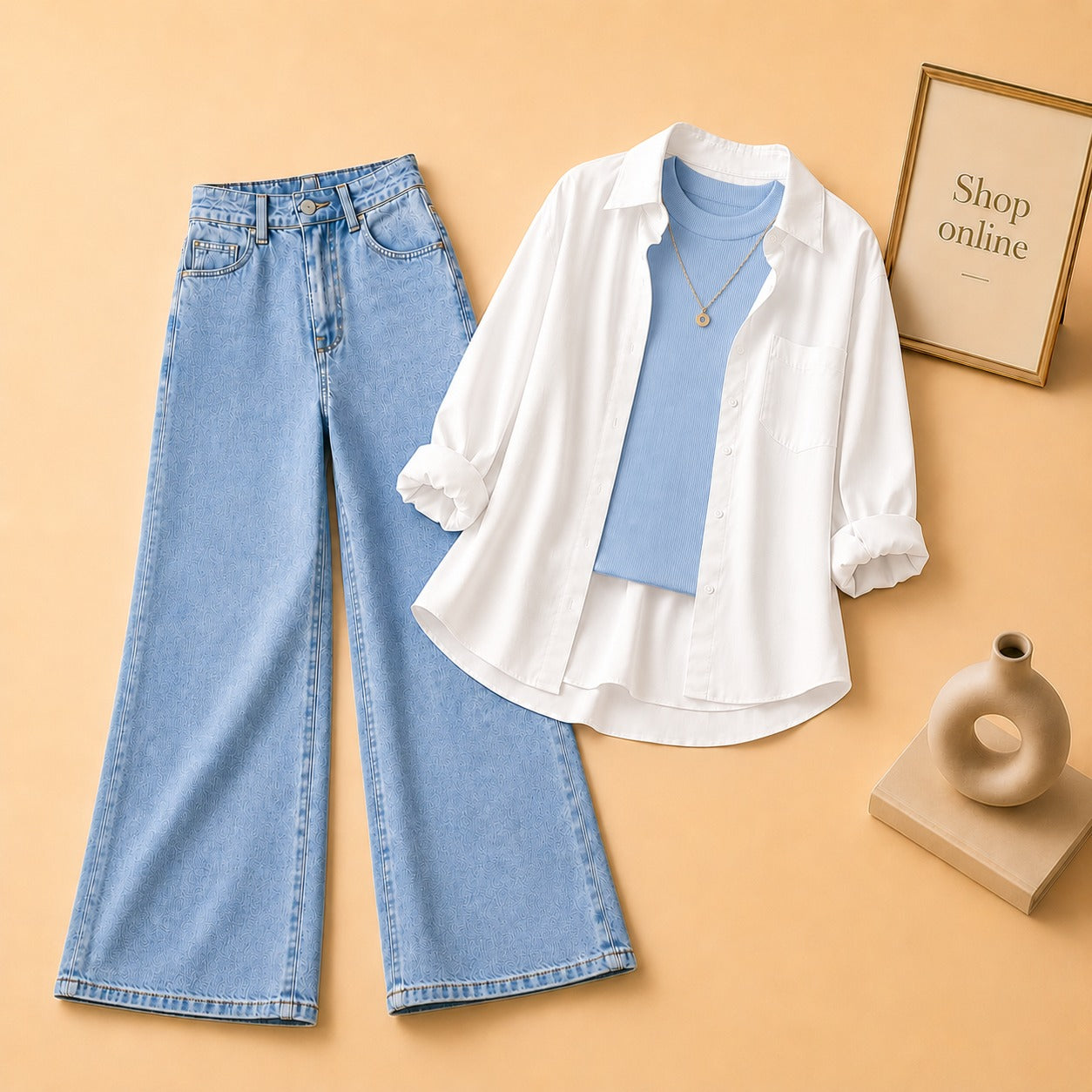 WHITE  BUTTON SHIRT WITH SKY BLUE TANKTOP AND SKY BLUE WIDE LEG JEANS (3PCS)