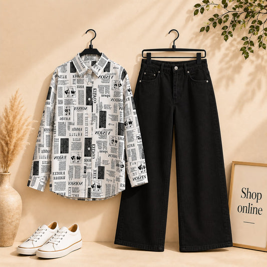 NEWSPAPER BUTTON SHIRT WITH BLACK WIDE LEG JEANS