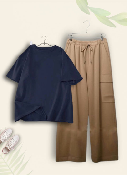 PLAIN NAVY BLUE TSHIRT WITH BEIGE CARGO TROUSER