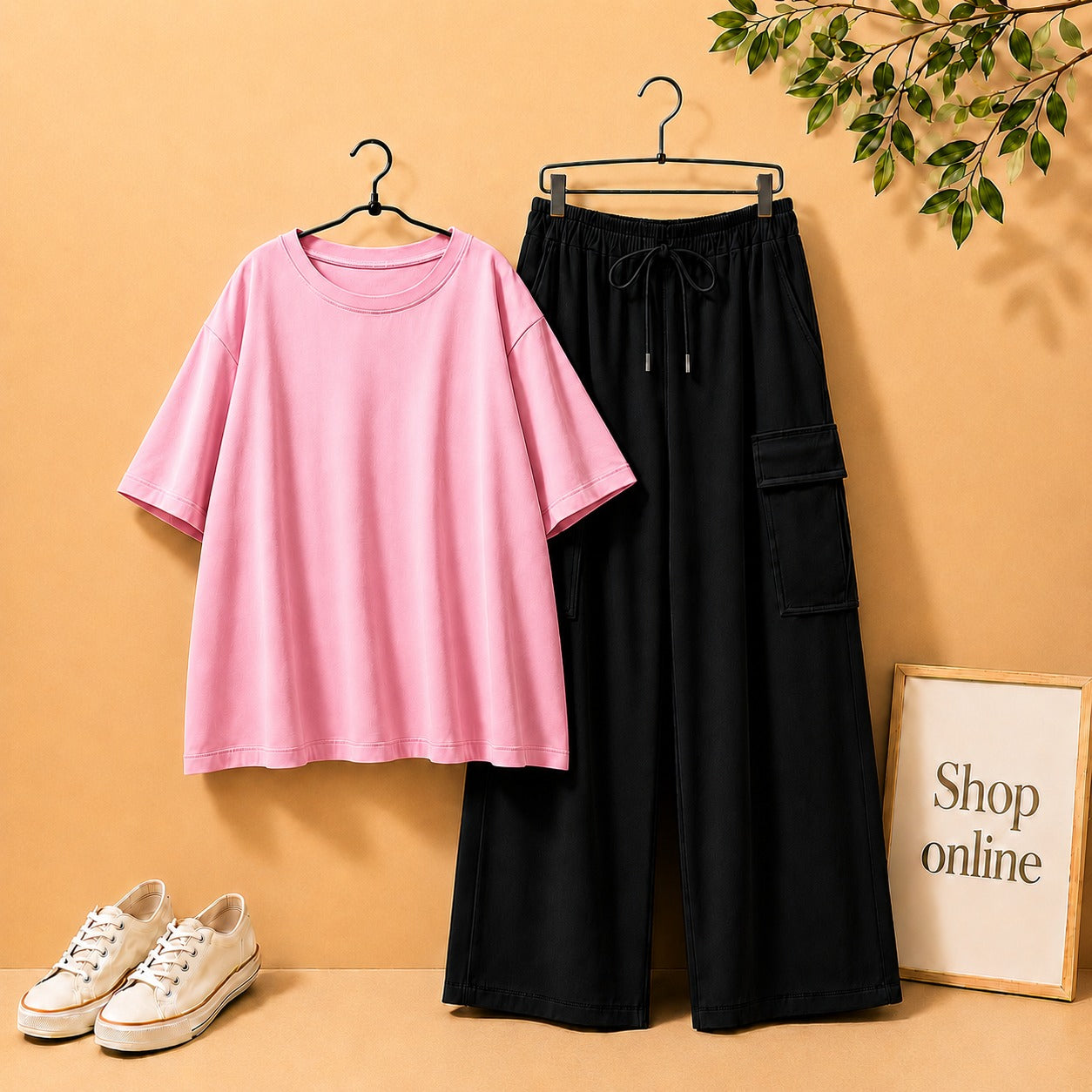 PINK DROP SHOULDER WITH BLACK CARGO TROUSER