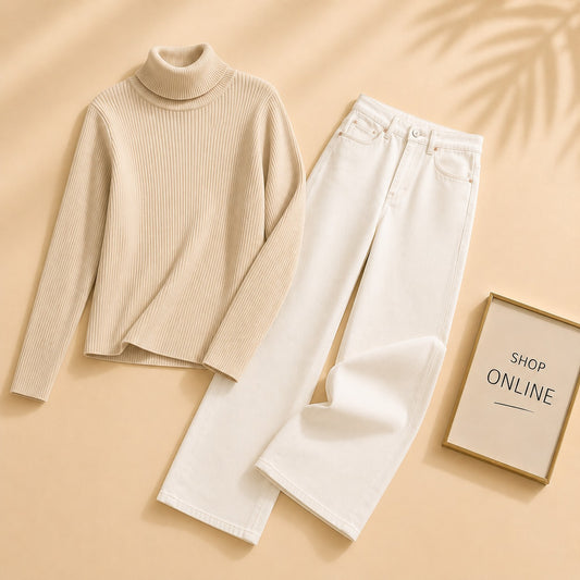 BEIGE HIGH NECK WITH WHITE WIDE LEG JEANS