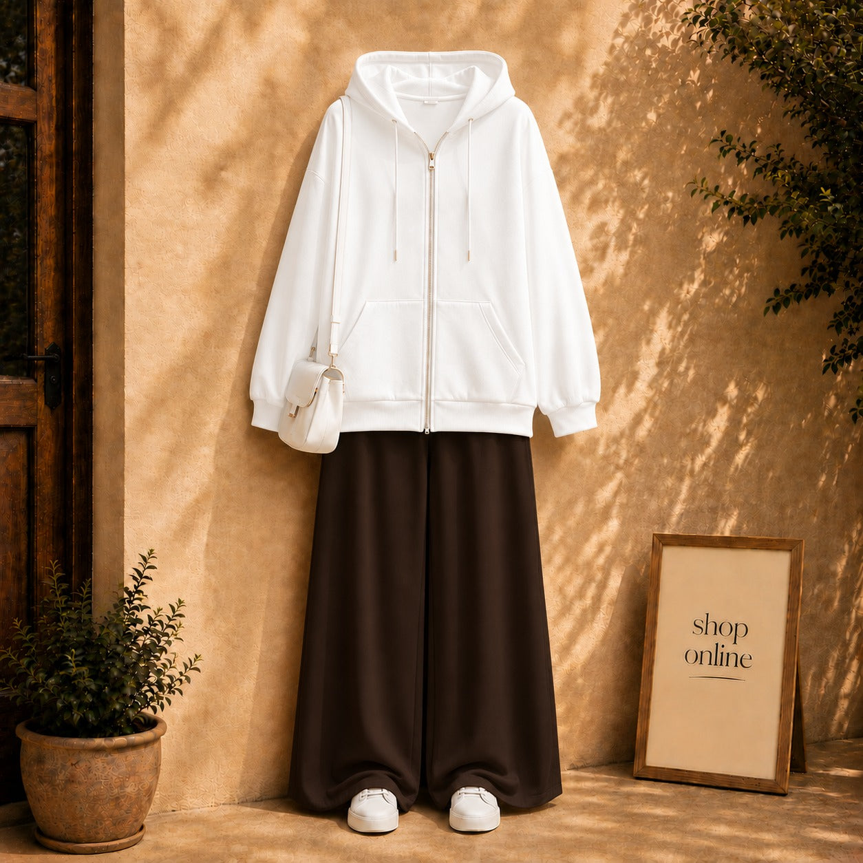 WHITE ZIPPER HOODIE WITH BROWN FLAPPER
