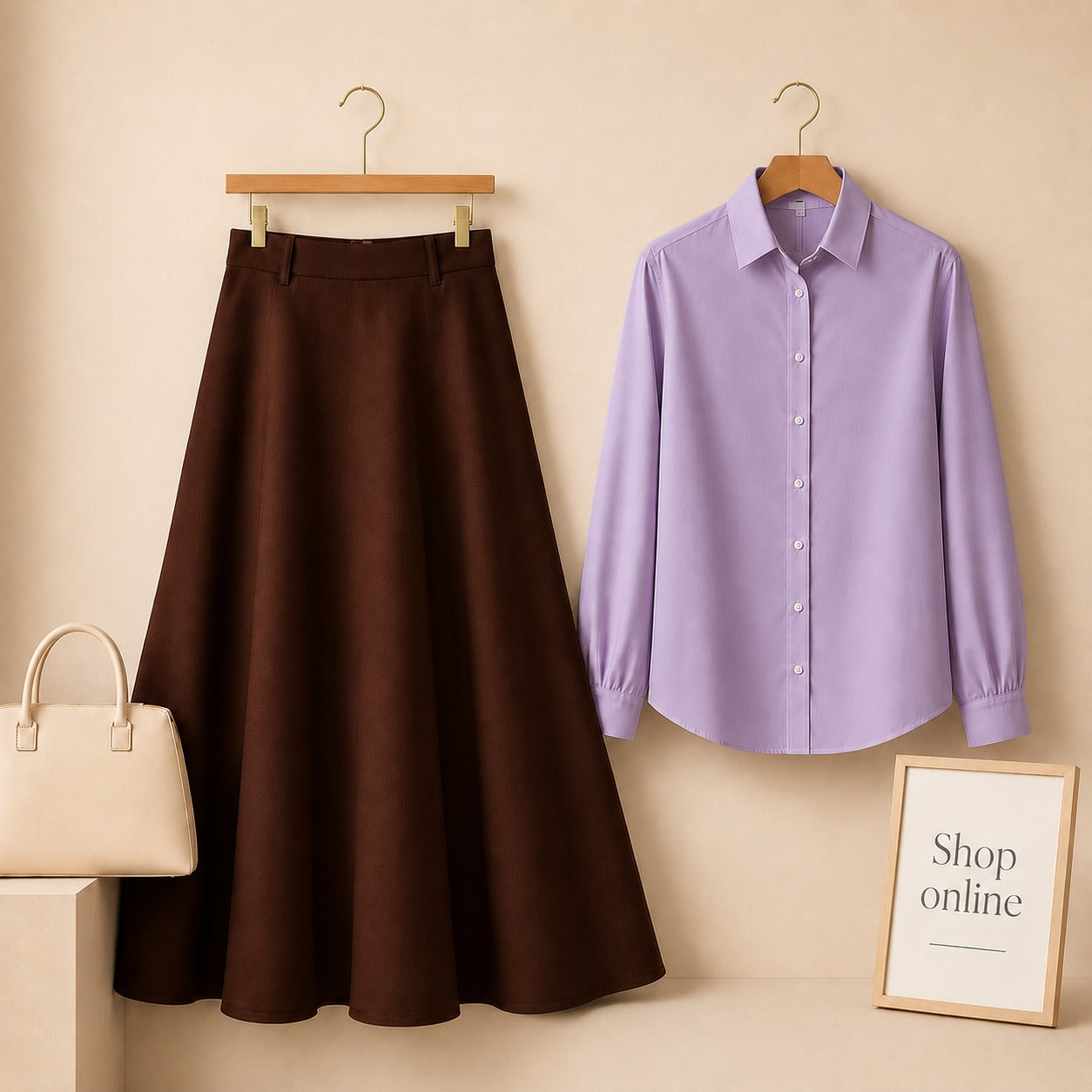 LILAC BUTTON DOWN WITH BROWN SKIRT (Twill)