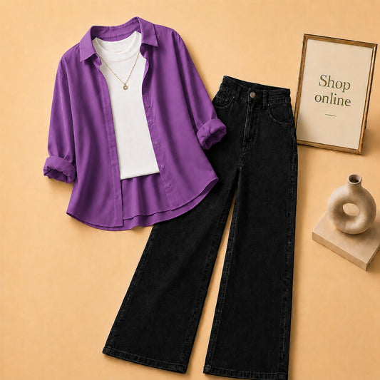 PURPLE BUTTON SHIRT WITH WHITE TANKTOP AND BLACK WIDE LEG JEANS (3PCS)