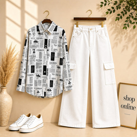 NEWSPAPER BUTTON SHIRT WITH WHITE CARGO WIDE LEG JEANS