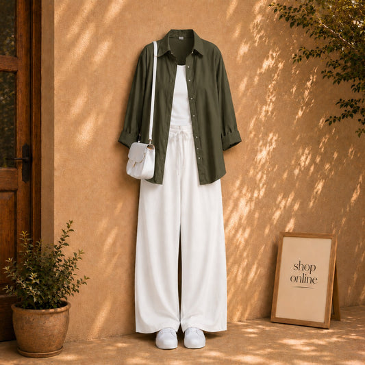 OLIVE GREEN BUTTON SHIRT WITH WHITE TANKTOP AND WHITE FLAPPER