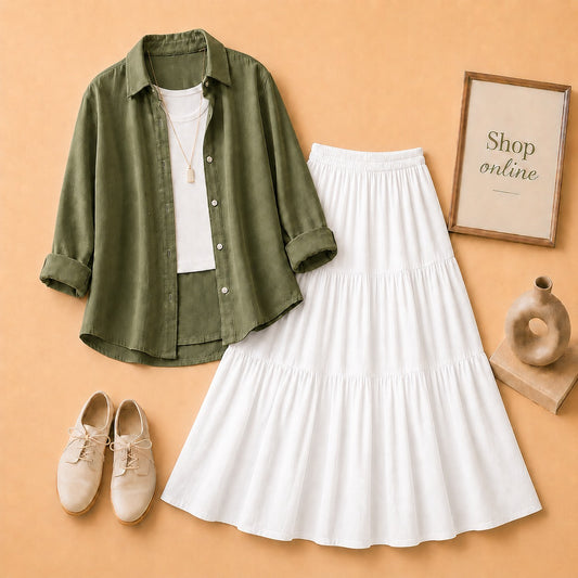 OLIVE GREEN BUTTON SHIRT WITH WHITE TANKTOP AND WHITE 3 TIER SKIRT