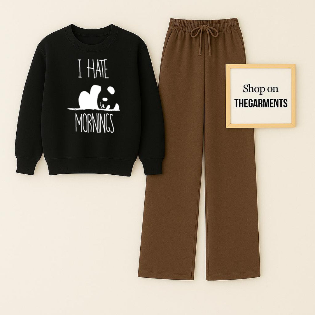 I HATE MORNING BLACK SWEATSHIRT WITH BROWN FLAPPER