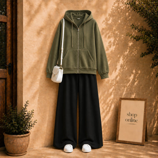 OLIVE GREEN ZIPPER HOODIE WITH BLACK FLAPPER