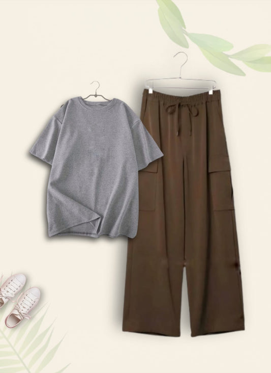 PLAIN GREY TSHIRT WITH BROWN CARGO TROUSER