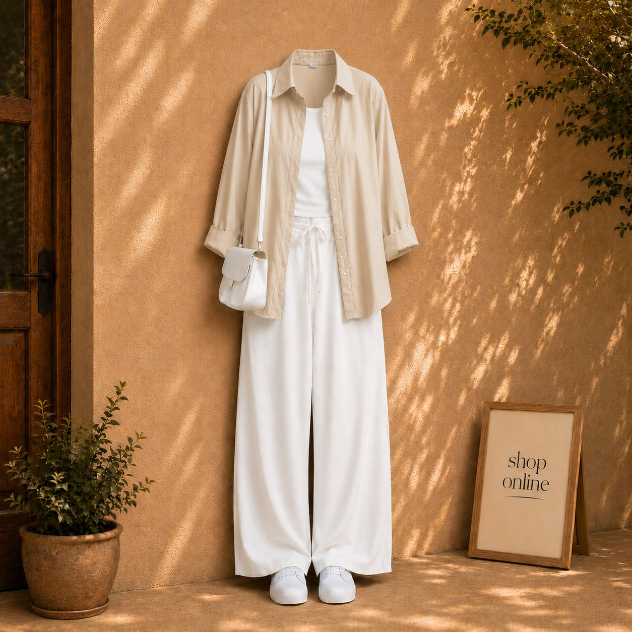 BEIGE BUTTON SHIRT WITH WHITE TANKTOP AND WHITE FLAPPER