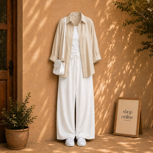 BEIGE BUTTON SHIRT WITH WHITE TANKTOP AND WHITE FLAPPER