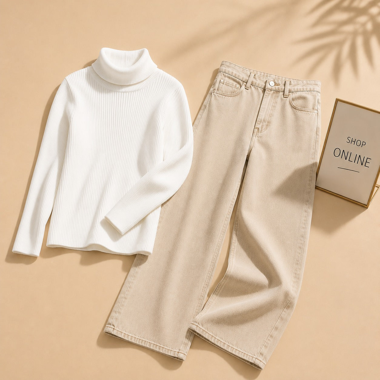 WHITE HIGH NECK WITH BEIGE WIDE LEG JEANS