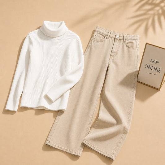 WHITE HIGH NECK WITH BEIGE WIDE LEG JEANS