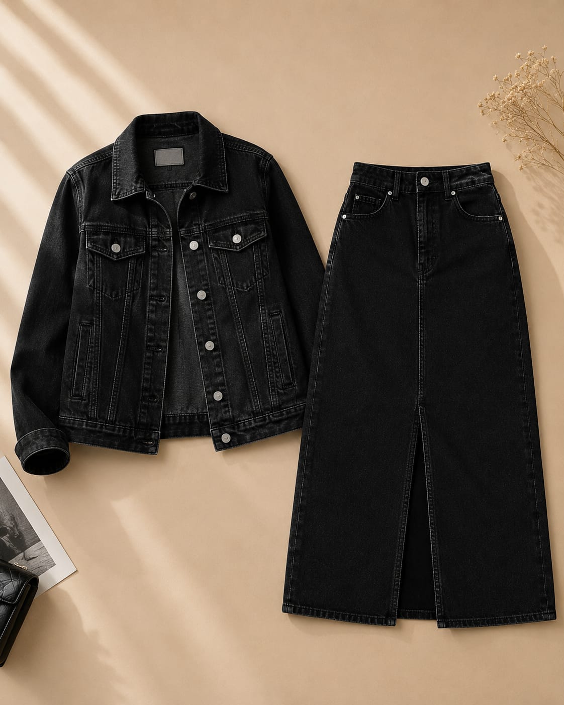 BLACK DENIM JACKET WITH BLACK DENIM SKIRT