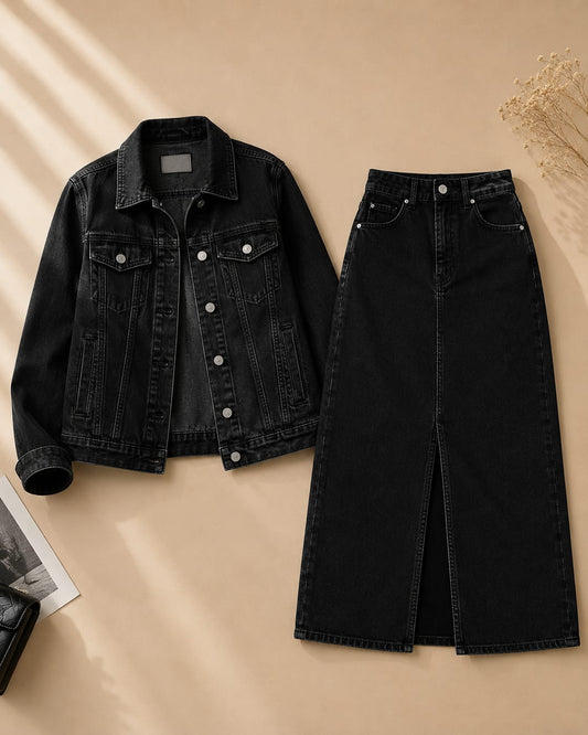 BLACK DENIM JACKET WITH BLACK DENIM SKIRT