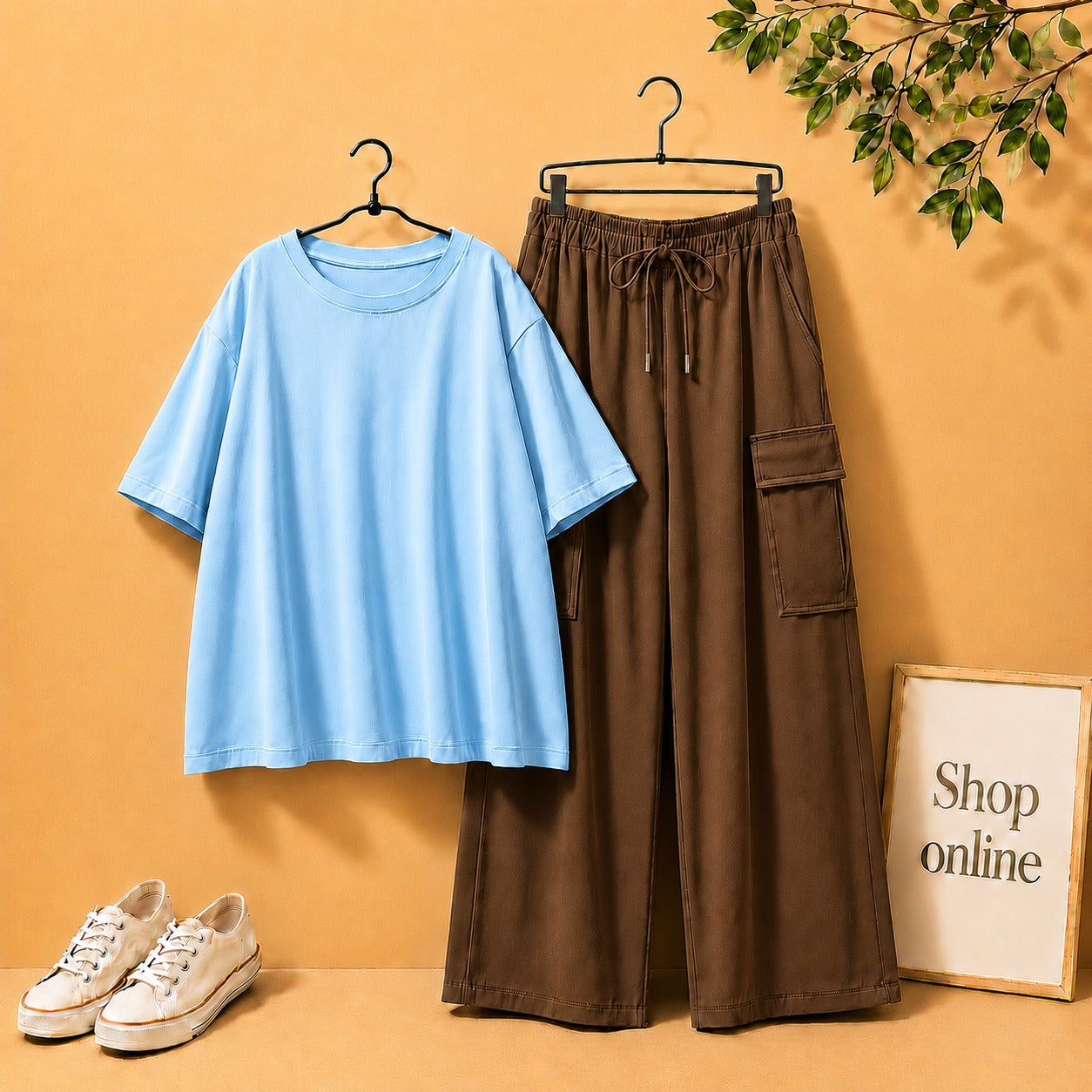 SKY BLUE DROP SHOULDER WITH BROWN CARGO TROUSER