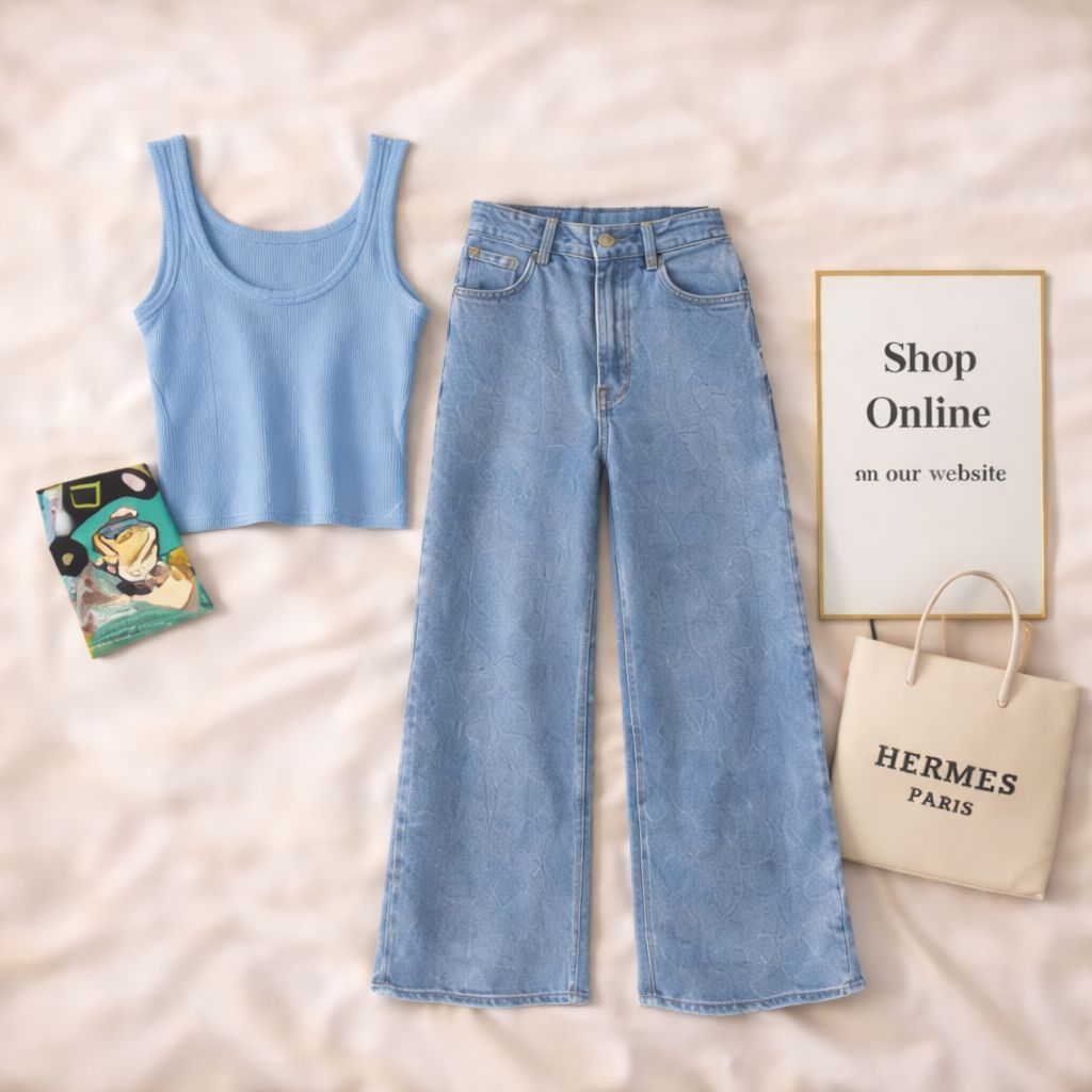SKY BLUE TANKTOP WITH SKY BLUE WIDE LEG JEANS