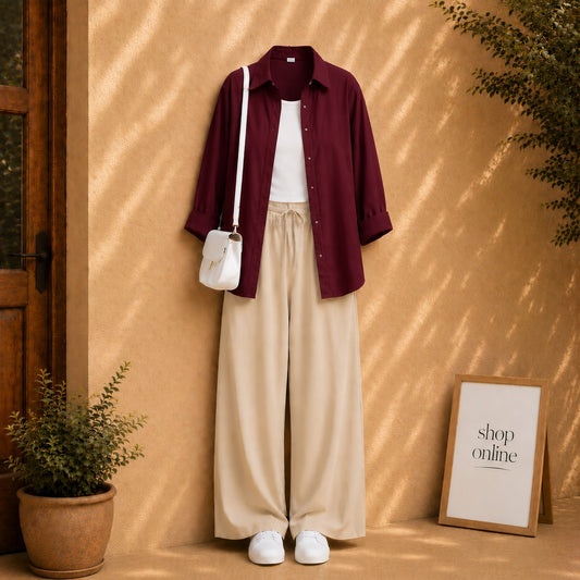 BROWN BUTTON SHIRT WITH WHITE TANKTOP AND BEIGE FLAPPER