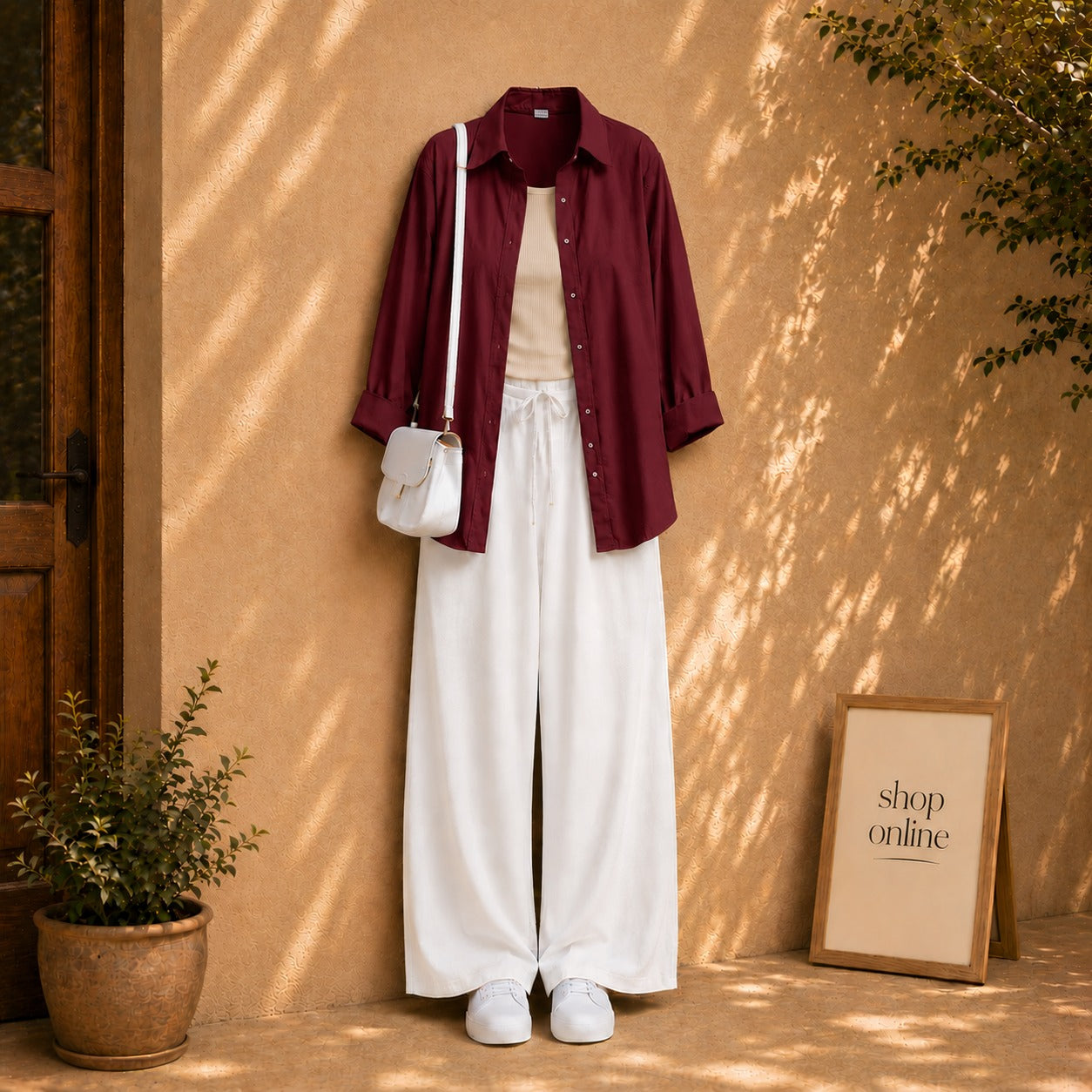 MAROON BUTTON SHIRT WITH BEIGE TANKTOP AND WHITE FLAPPER