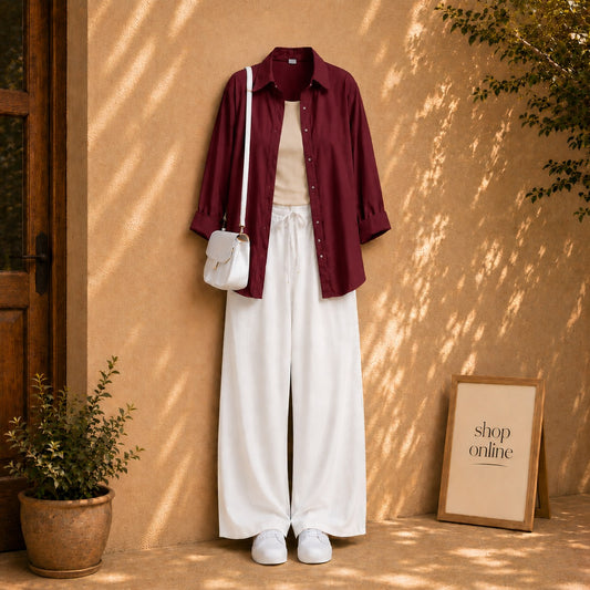 MAROON BUTTON SHIRT WITH BEIGE TANKTOP AND WHITE FLAPPER