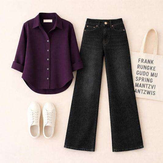 PURPLE BUTTON SHIRT WITH MALAYSIAN BLACK WIDE LEG JEANS