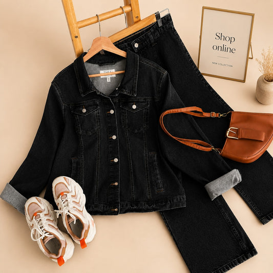 BLACK DENIM JACKET WITH BLACK WIDE LEG JEANS