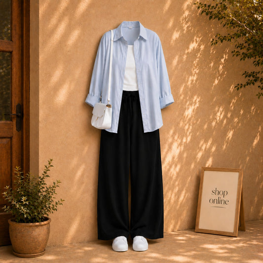SKY BLUE BUTTON SHIRT WITH WHITE TANKTOP AND BLACK FLAPPER