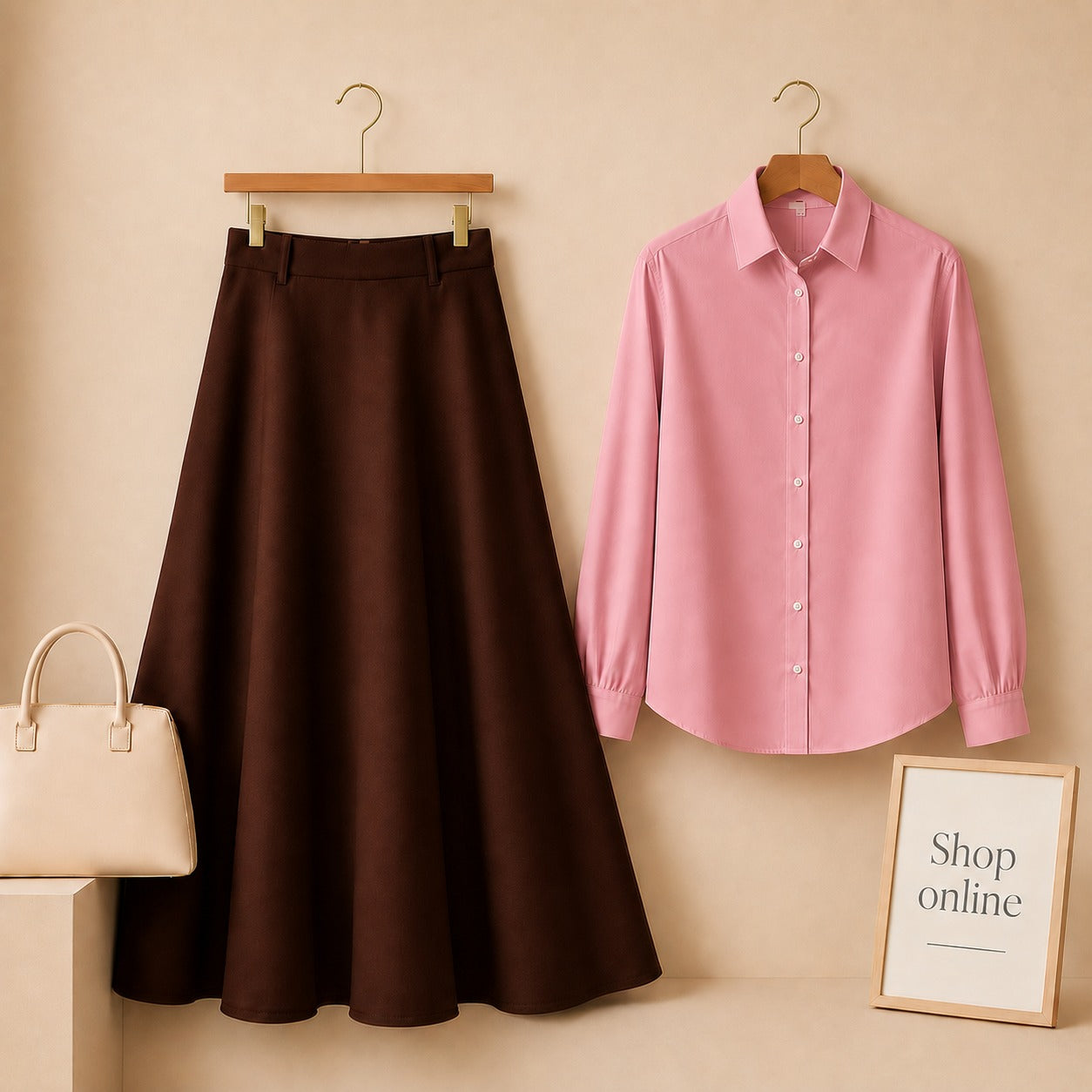 PINK BUTTON DOWN WITH BROWN SKIRT (Twill)