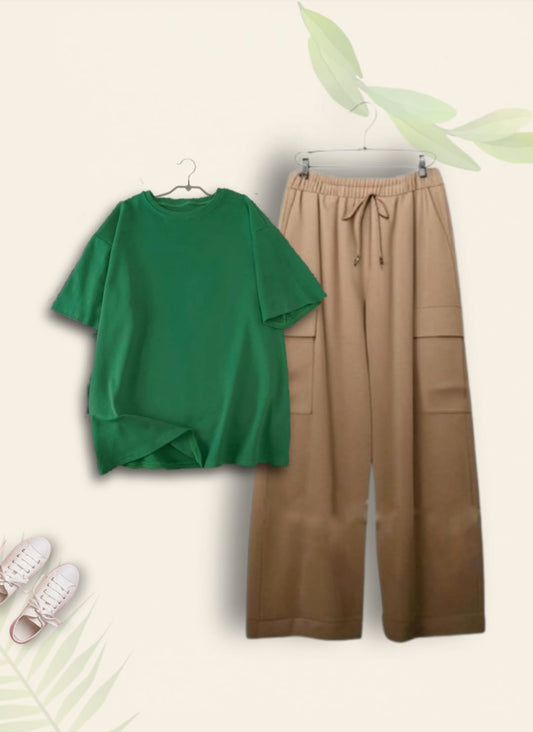 PLAIN BOTTLE GREEN TSHIRT WITH BEIGE CARGO TROUSER