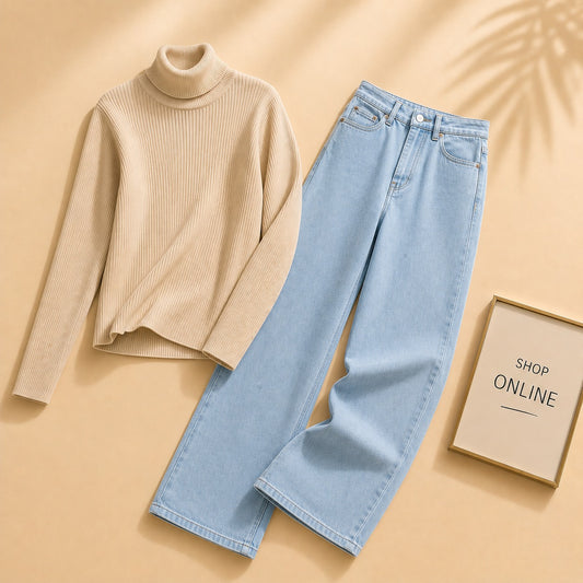 BEIGE HIGH NECK WITH ICE  BLUE WIDE LEG JEANS
