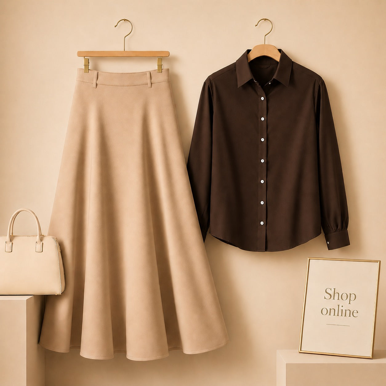 BROWN BUTTON DOWN WITH BEIGE SKIRT (Twill)