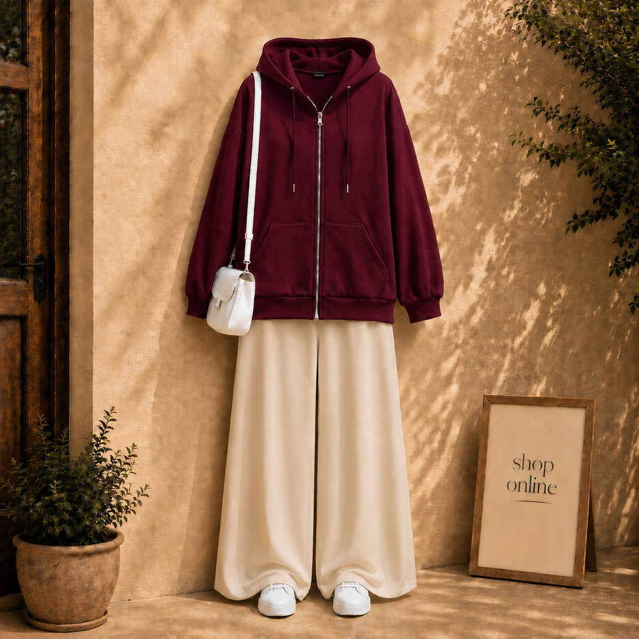 MAROON ZIPPER HOODIE WITH BEIGE FLAPPER