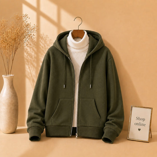 OLIVE GREEN ZIPPER HOODIE WITH WHITE HINECK