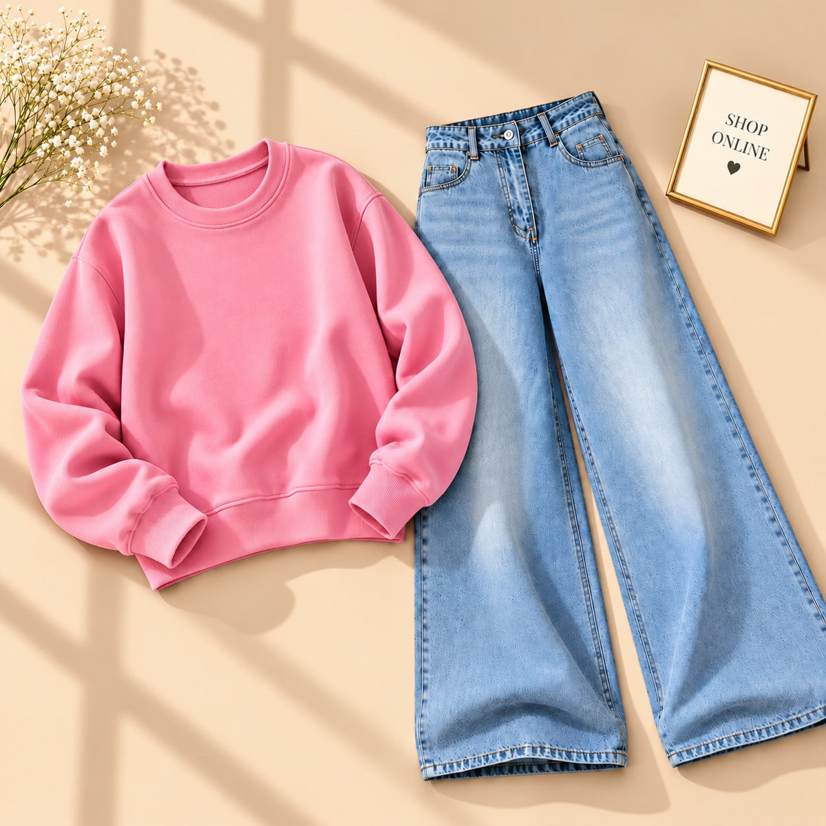 PINK SWEATSHIRT WITH VINTAGE ICE BLUE WIDE LEG JEANS