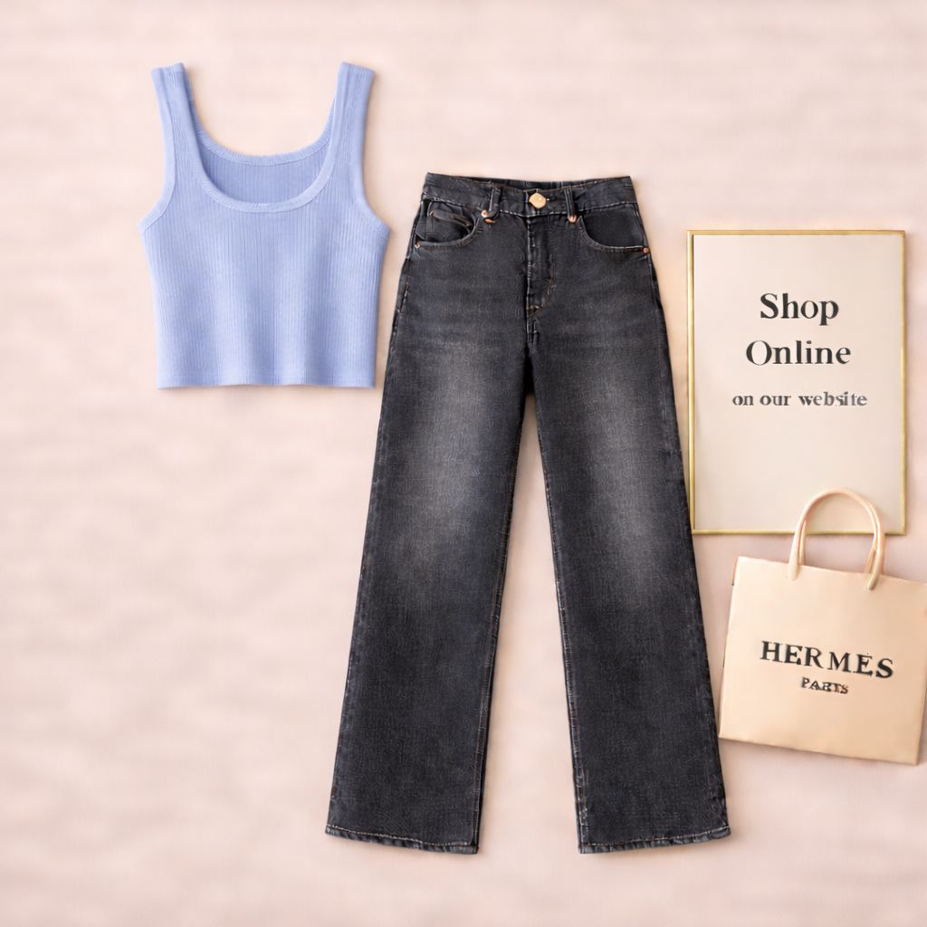 SKY BLUE TANKTOP WITH MALAYSIAN BLACK WIDE LEG JEANS