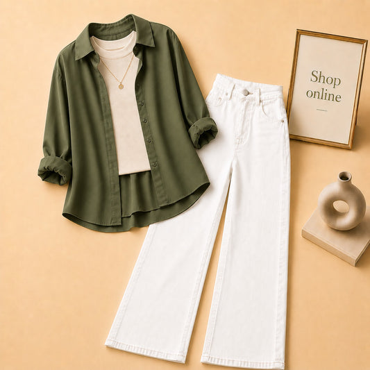 OLIVE GREEN BUTTON SHIRT WITH BEIGE TANKTOP AND WHITE WIDE LEG JEANS (3PCS)