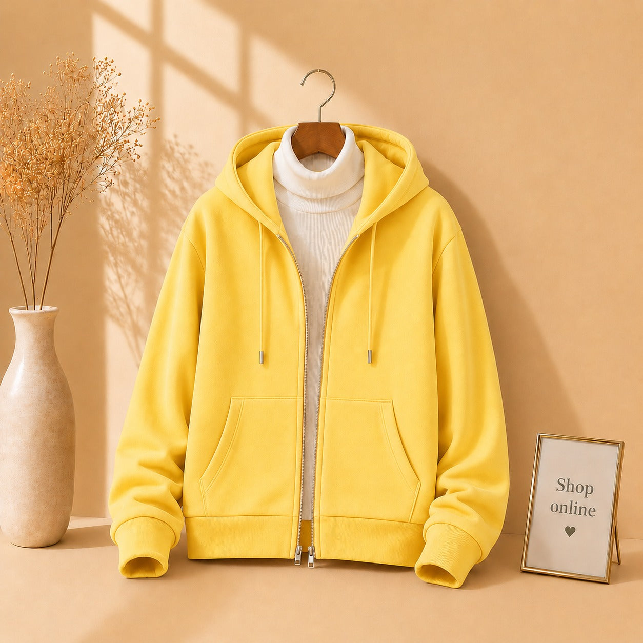 YELLOW ZIPPER HOODIE WITH WHITE HINECK