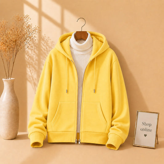 YELLOW ZIPPER HOODIE WITH WHITE HINECK