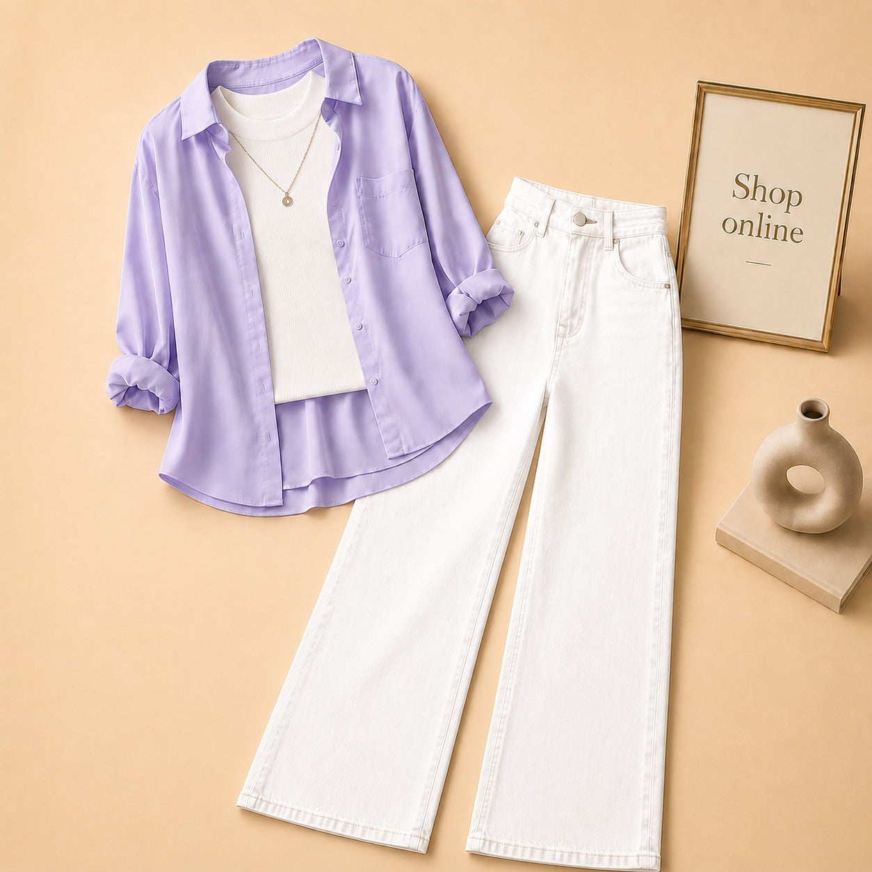 LILAC BUTTON SHIRT WITH WHITE TANKTOP AND WHITE WIDE LEG JEANS (3PCS)