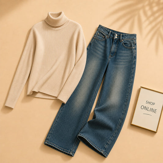 BEIGE HIGH NECK WITH DARKISH BLUE  WIDE LEG JEANS