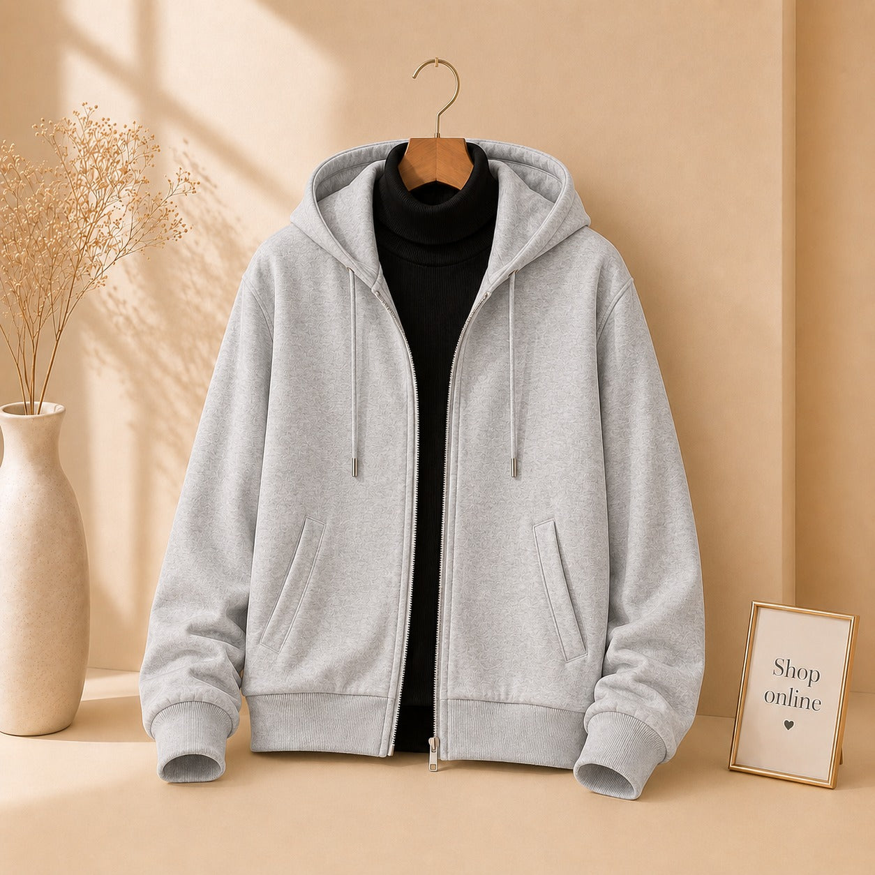 GREY ZIPPER HOODIE WITH BLACK HINECK