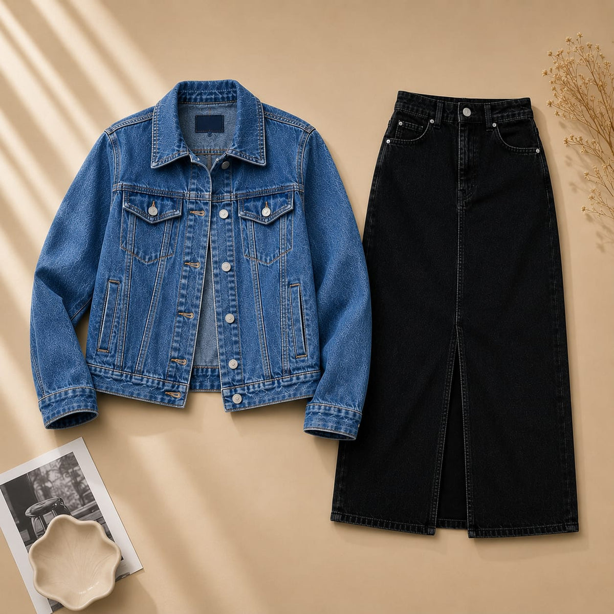 SKY BLUE DENIM JACKET WITH BLACK DENIM SKIRT