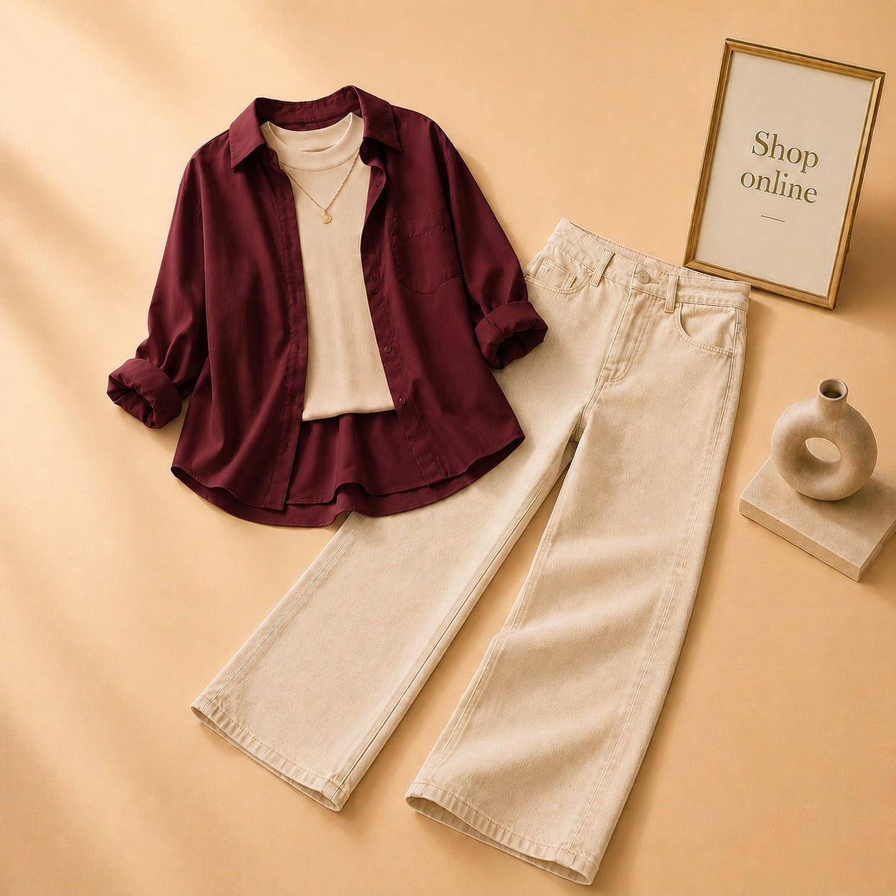 MAROON BUTTON SHIRT WITH BEIGE TANKTOP AND BEIGE WIDE LEG JEANS (3PCS)