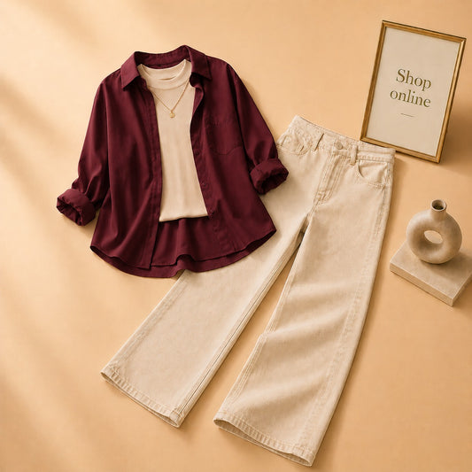MAROON BUTTON SHIRT WITH BEIGE TANKTOP AND BEIGE WIDE LEG JEANS (3PCS)